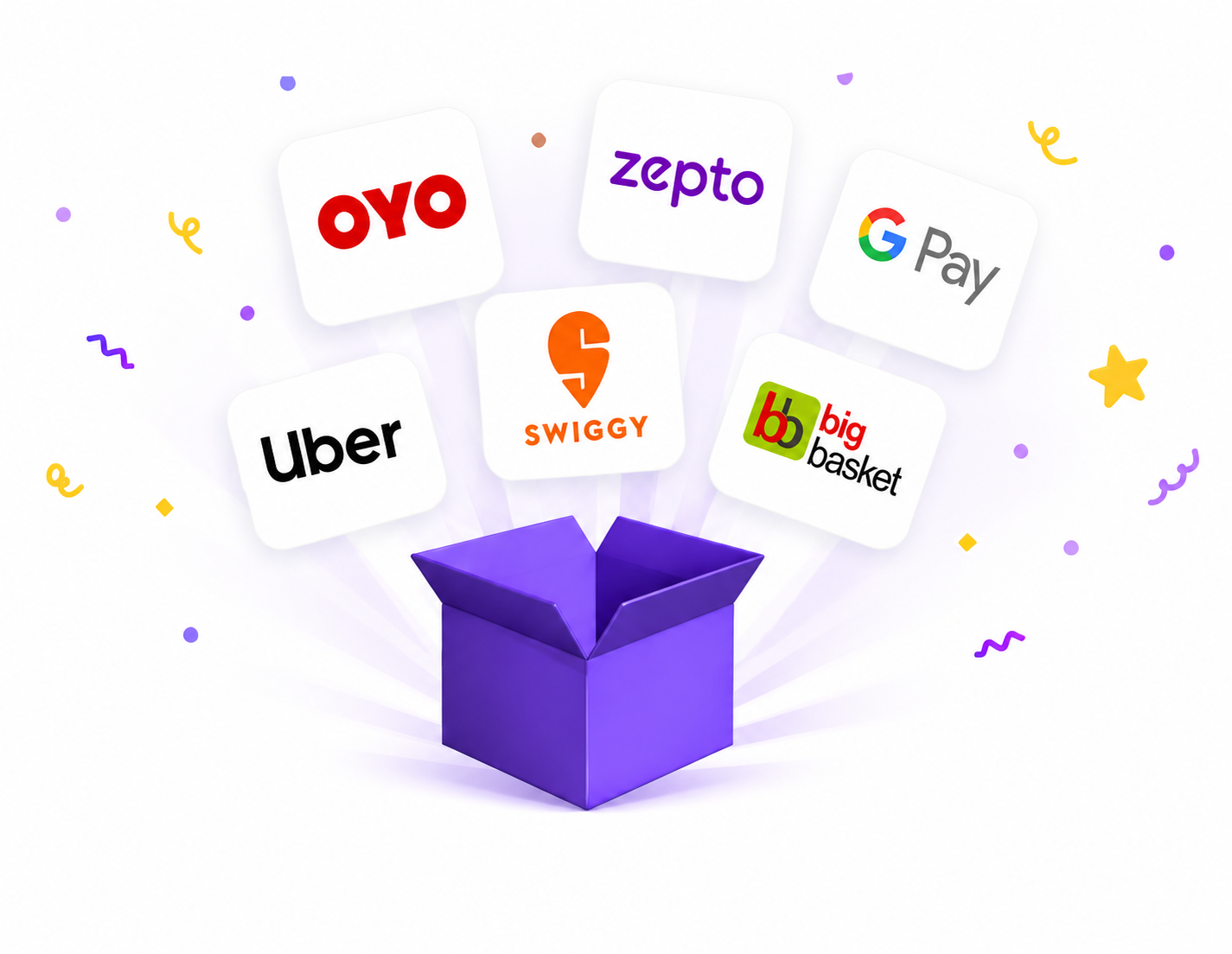 Purple gift box with brand offers floating above it